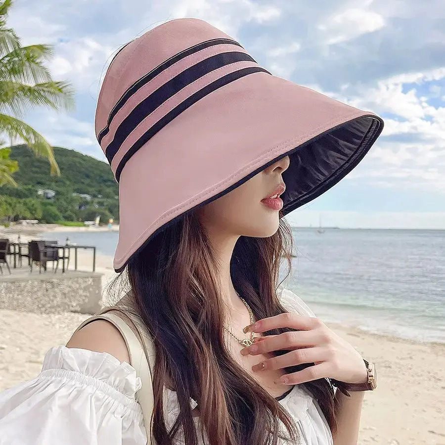 UPF50 High Sun Protection Vinyl Large Brim Striped Hollow Hat Ladies Outdoor UV Folding Sun Hat Beach Vacation 250424