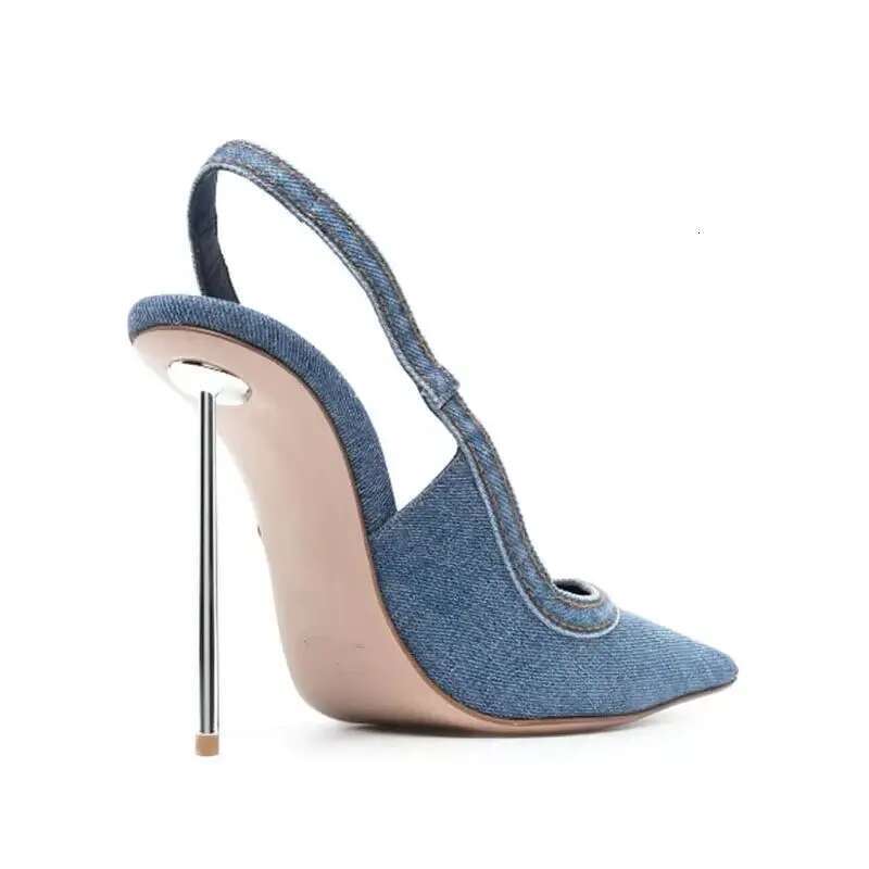 Spring and summer new pointed shallow-mouth denim shoes metal thin high-heeled daily dress fashion large size women's sandals