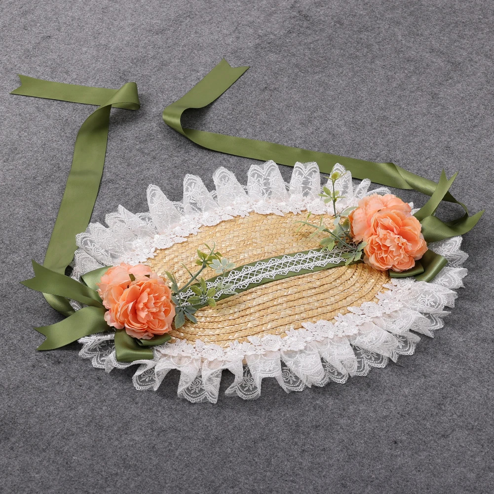 Victorian Bonnet Straw Hat for Women Cosplay Headpiece Flowers Lace Ribbon Flat Cap 250420