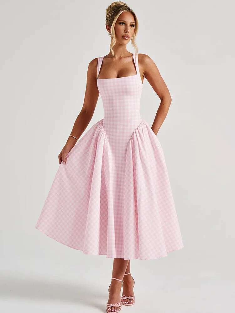 Dongdumaoyi Townlike Plaid Print Midi Long A Line Dress Women Spaghetti Strap Spring Summer Backless Nightclub Sexy Party Dresses