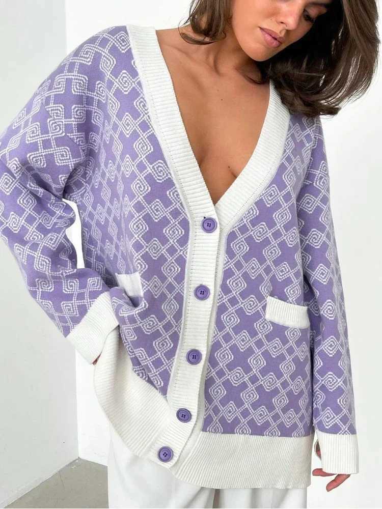 Womens Korean Fashion Oversize Knit Cardigan Jacquard Contrast Loose Mid-Length Cardigan Coat for Autumn/Winter 2025T251125