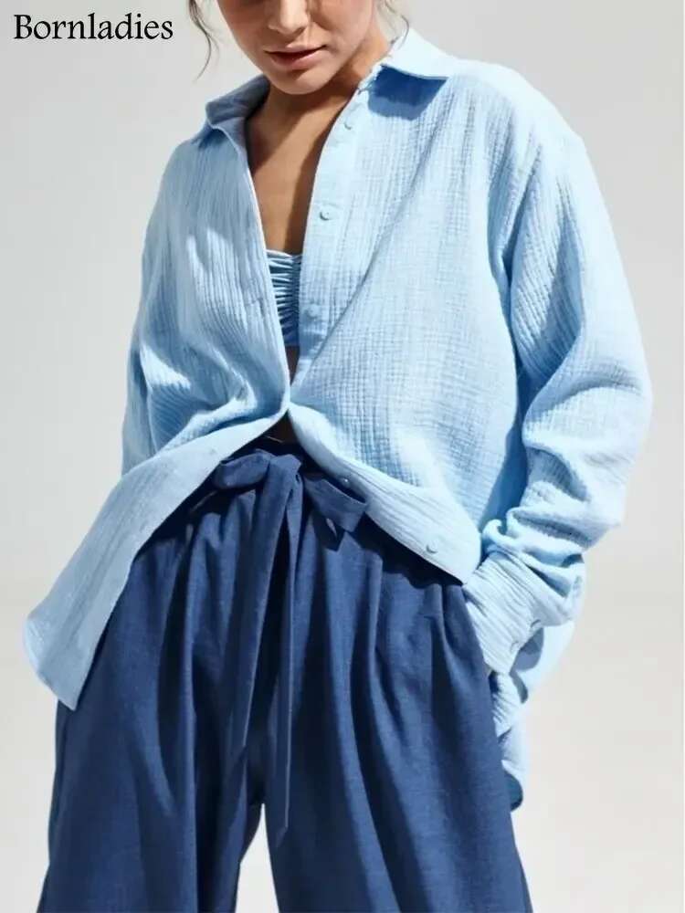 Bornladies 2025 Women's Spring Summer 100% Cotton Office Fashionable Solid Lady Long Sleeve Loose Tops Crepe Shirts