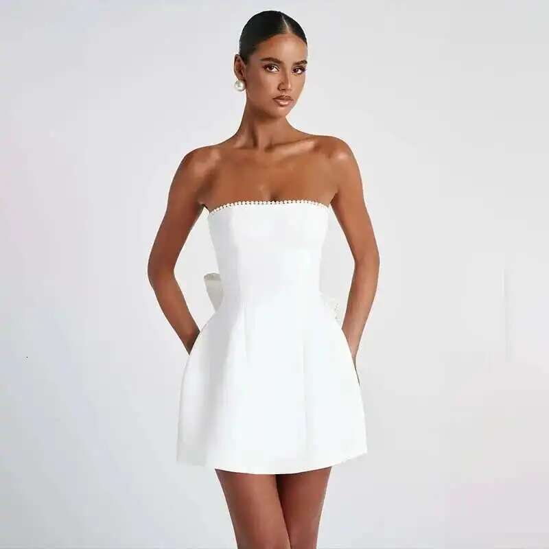 Dongdumaoyi Townlike Bow Pearl Backless Sexy Party Dress Women Mini Spring Summer Elegant Slim Bodycon Dresses Vestidos