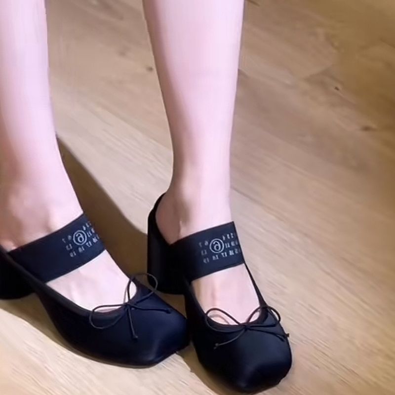 Women's Black Satin Square Toe Bow Mary Jane Block Heel Shoes, Casual Daily Commute Footwear---168-6