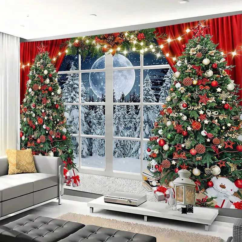 Christmas Tapestry Wall Hanging Cloth Xmas Tree Winter Window Decorative New Year Decor Snow Scene Background Cloth TapestriesM251125
