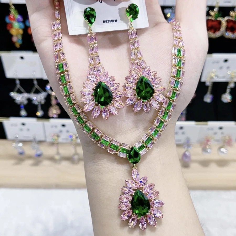 Women Fashion Zircon Pink Green Water Drop Necklace Earrings Set 2024 250417
