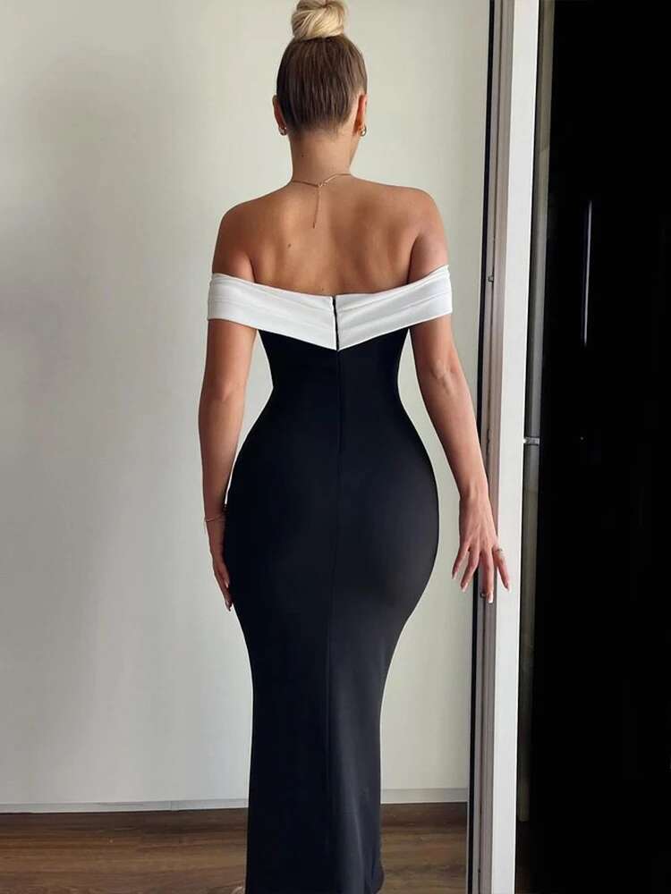 Dongdumaoyi Townlike Elegant Off Shoulder Midi Long Slim Bodycon Dress Women Spring Summer Backless Nightclub Sexy Party Dresses
