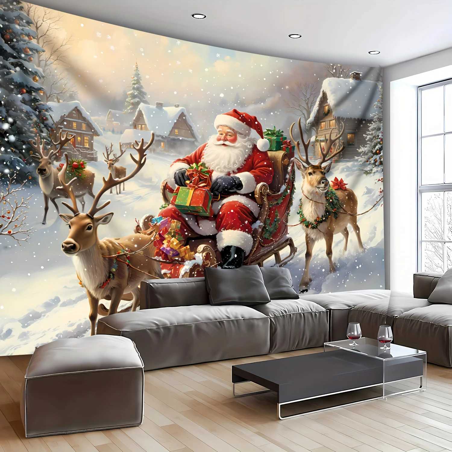 Christmas Tapestry Santa Sleigh with Reindeer Photo Background Wall HangingXmas Cloth for Home Party Live Stream DecorM251125