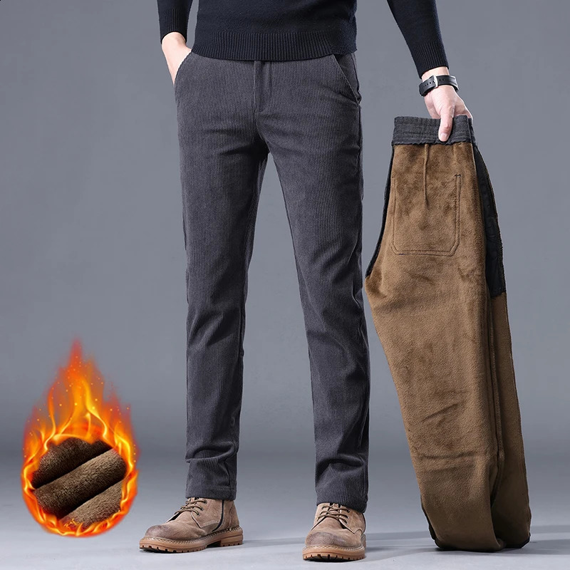 Khaki black gray wool mens denim casual pants chenille thick stretch business pants rise winter pants 250422