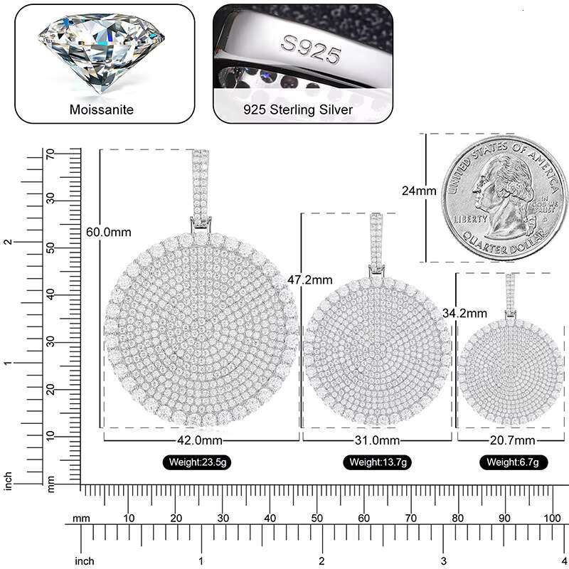 Dropshipping 20/30/40mm Round D Color VVS Moissanite Pendant 925 Sterling Silver Necklaces Iced Out Shining Passed Diamond Test