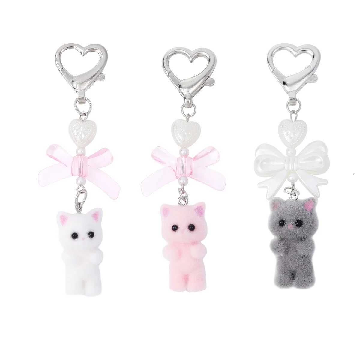 Cute Cartoon Flocking Cat Keychain Y2K Heart Bow Shaped Key Ring For Women Girls Handbag Backpack Pendant Decoration GiftXJ251125