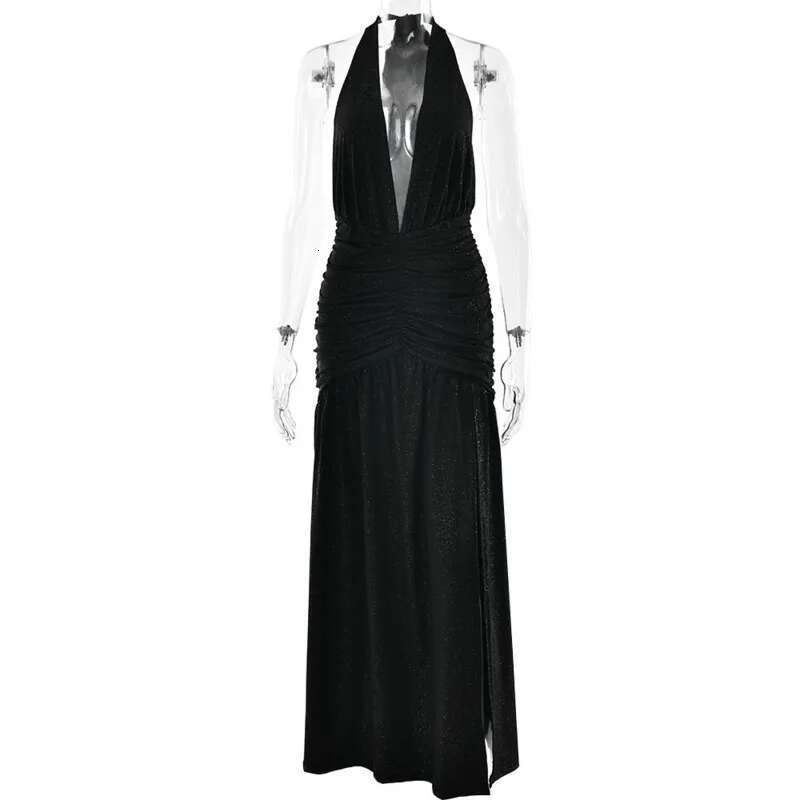 Dongdumaoyi Townlike Sparkle Glitter Sexy Party Dress Women Halter Spring Summer High Split Deep V Neck Pleated Maxi Long Dresses