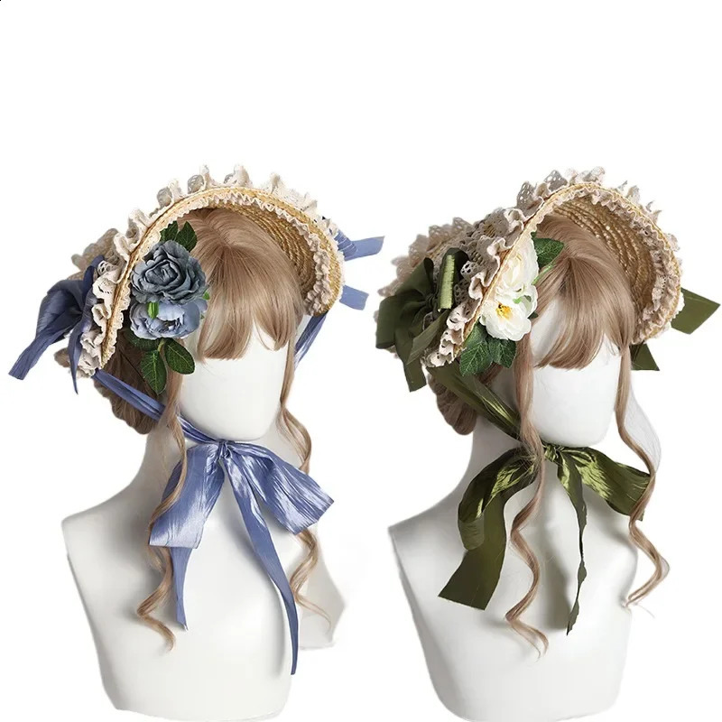 Lolita Girls Elegant Lace Flowers Straw Hat Multi Colored Bonnet Flat Hat 250420