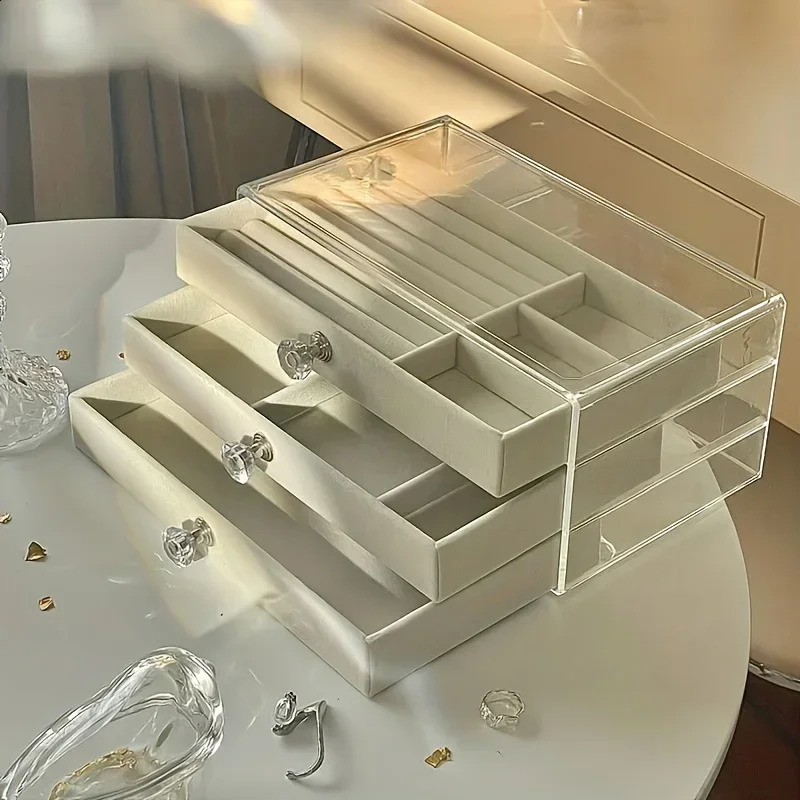 -3Tier Dust-Proof Acrylic Jewelry Organizer Box Elegant Modern Rectangular Tabletop Display Case jewelry boxes 250424