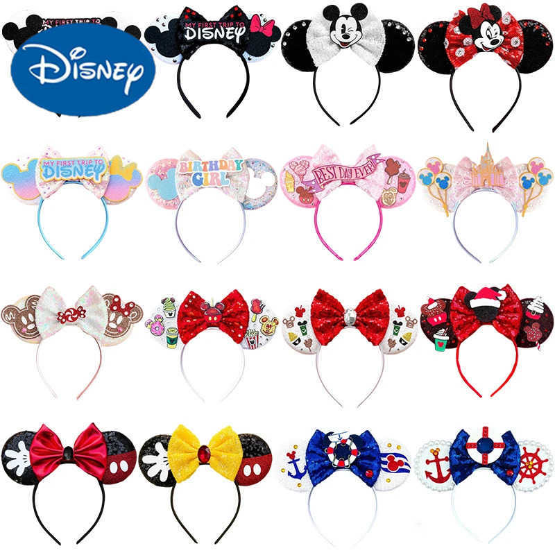 Disney Cute Minnie Mouse Ear Headband My First Disney Trip Childrens Disneyland Shining Bow Hair Accessories Girl X250425