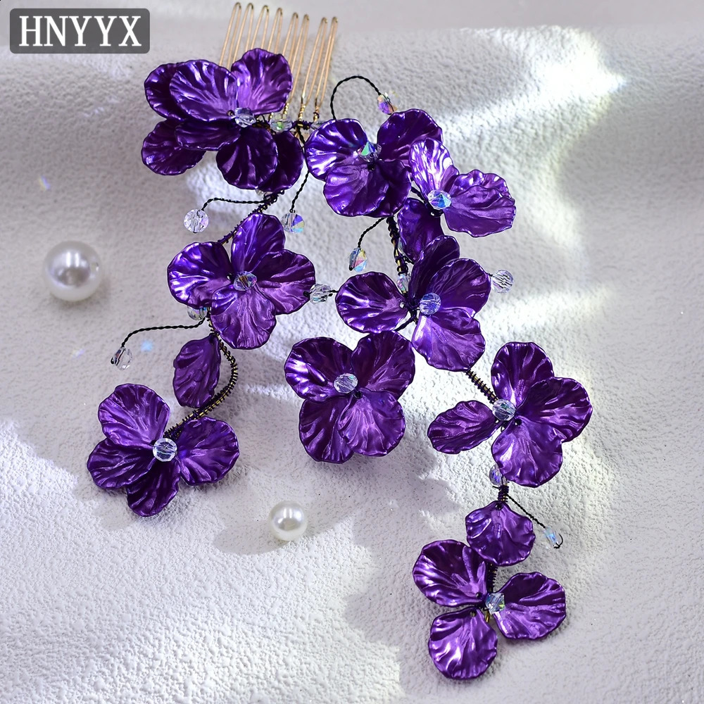 HNYYX Purple Shell Flower Hair Comb Crystal Hairpin Fashion Hair Accessories Wedding Headwear For Brides Hairpieces A114 250420