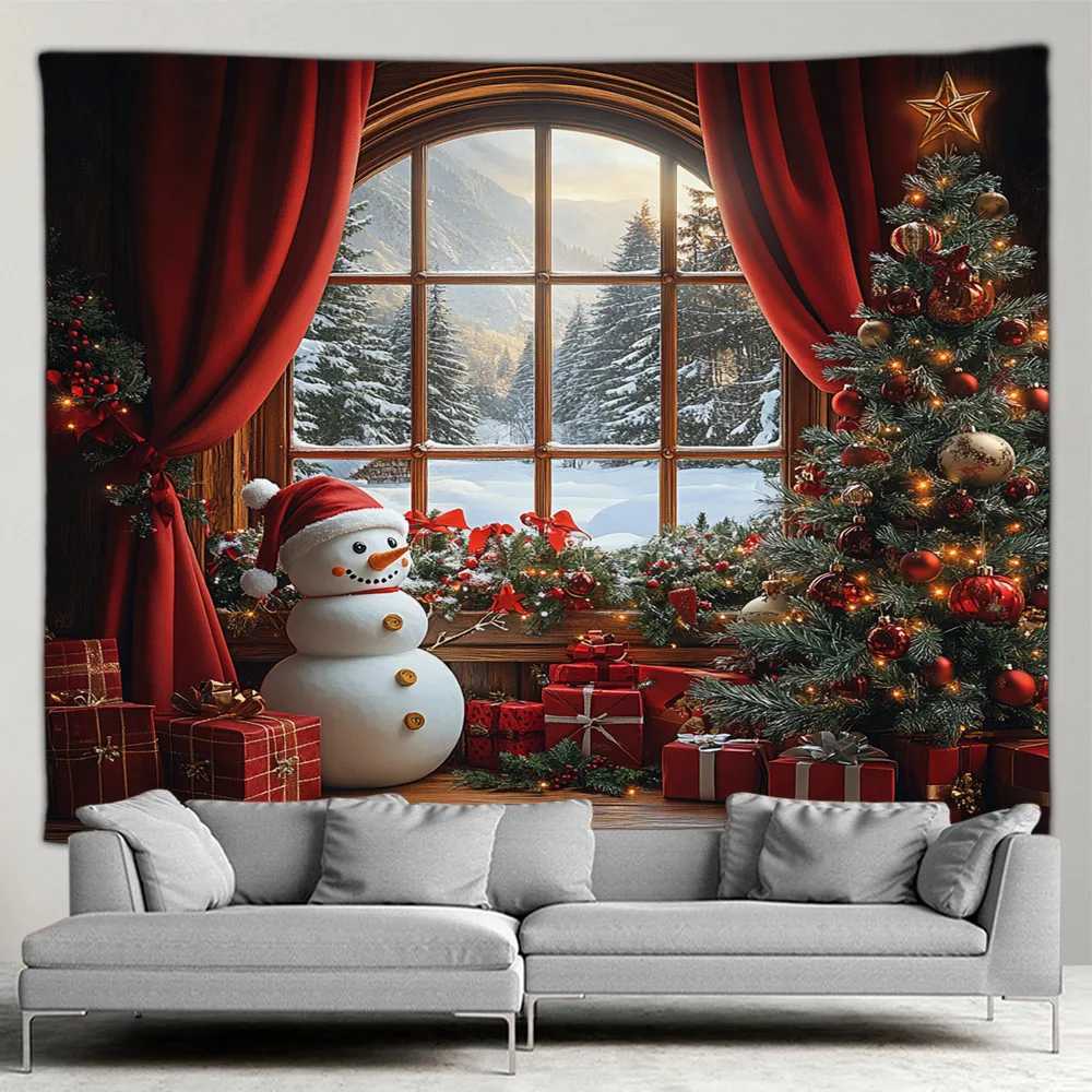 Christmas Tapestry Cute Snowman Xmas Tree Gift Outside Window Winter Forest Scenery New Year Home Living Room Decor Wall HangingM251125