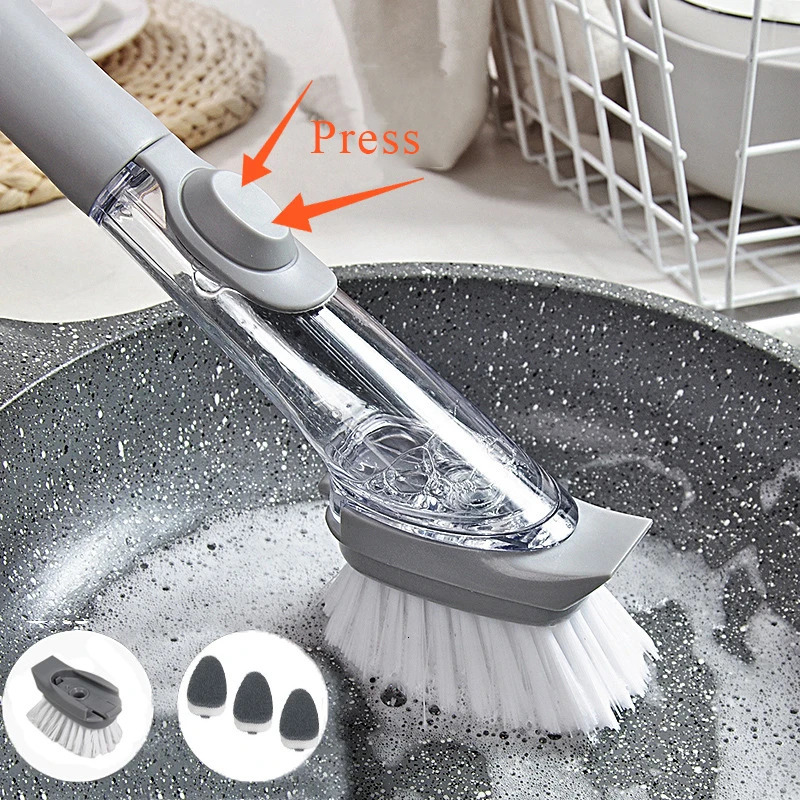 Kitchen cleaning brush 2in1 long handle with detachable sponge dispenser dishwasher kitchen tools 250425