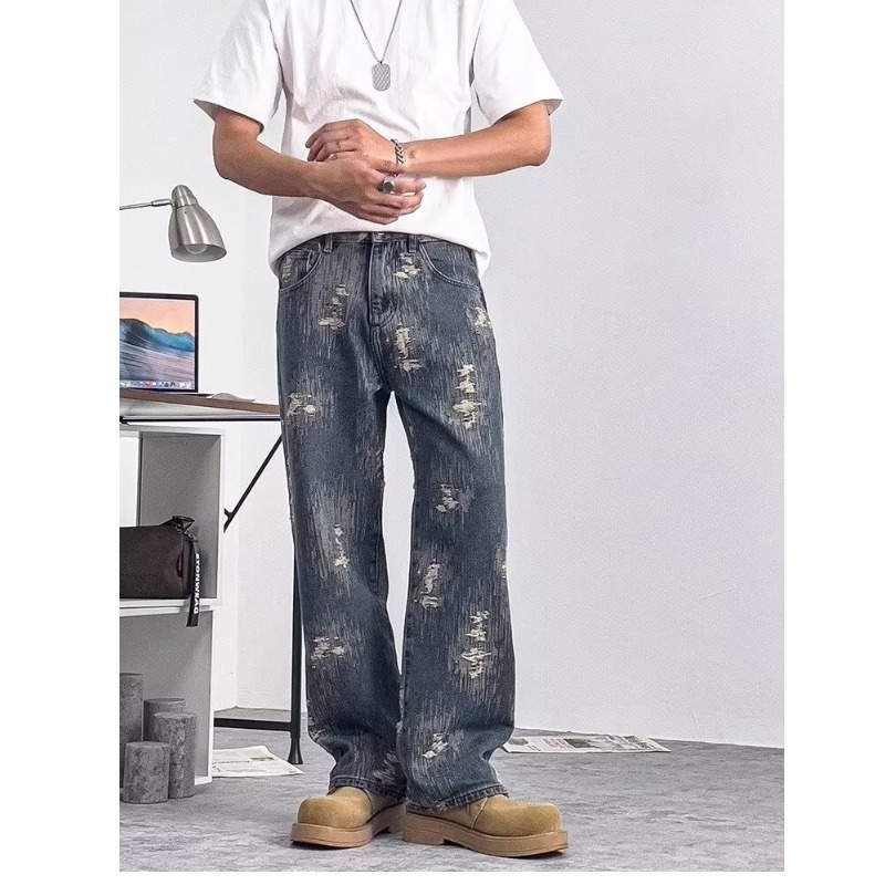 American Style Trendy Jacquard Denim Jacket for Men Spring and Autumn New High Street Stylish Loose Straight Jeans Set 250902