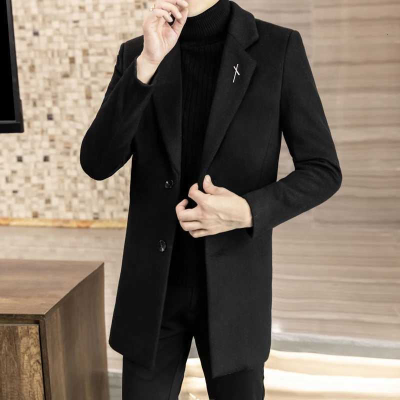 High-quality mens fashionable and stylish mid-length solid color woolen and cotton thick coat for autumn and winterT251125