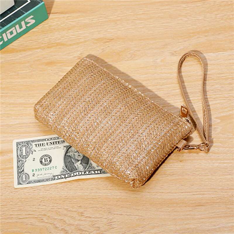 Weaving Fashion Ladies Wristlet Women Daily Money Phone Clutch Solid Straw Woven Coin Purse Beach Wallet Card Bag