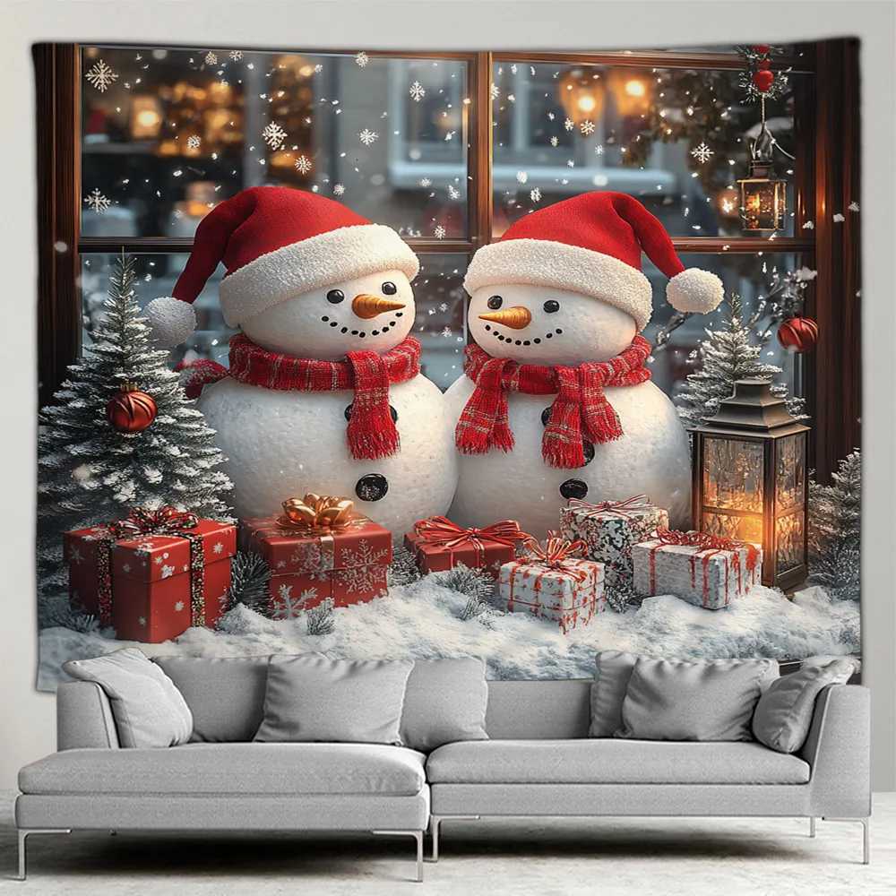 Christmas Tapestry Cute Snowman Xmas Tree Gift Outside Window Winter Forest Scenery New Year Home Living Room Decor Wall HangingM251125