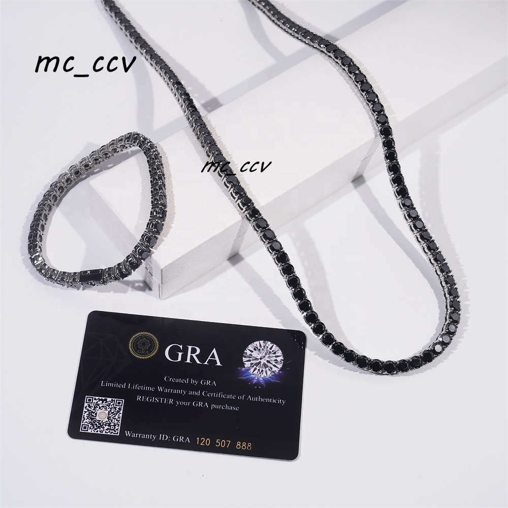 Wholesale Price Pass Tester 316L Stainless Steel 5mm Black Moissanite Hip Hop Iced Out Jewelry Tennis Chain Bracelet Necklace