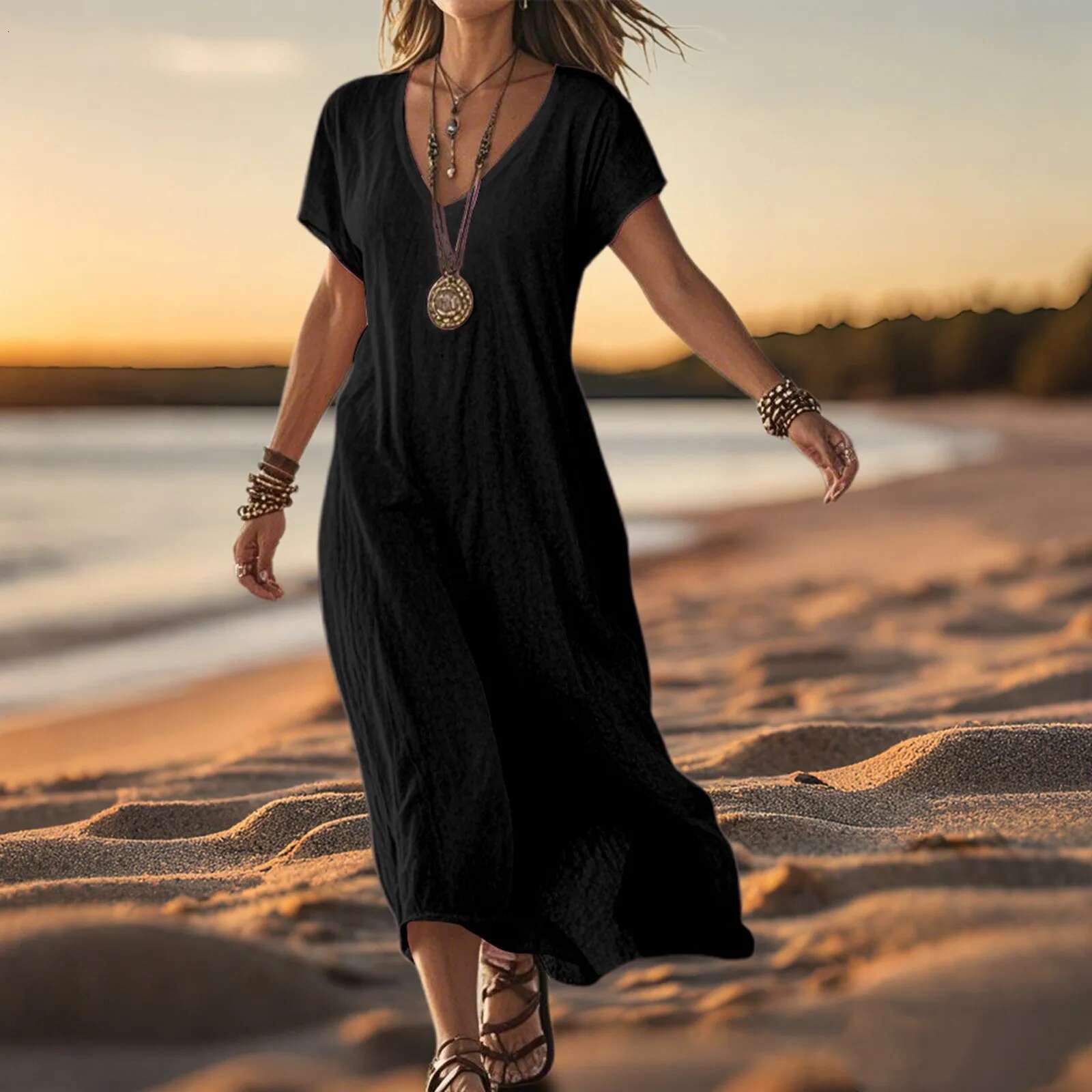 Dongdumaoyi Women Summer V Neck Vintage Print Bohemian Long Dresses Short Sleeve Holiday Pullover Beach A Line Dress Vacation Outfits