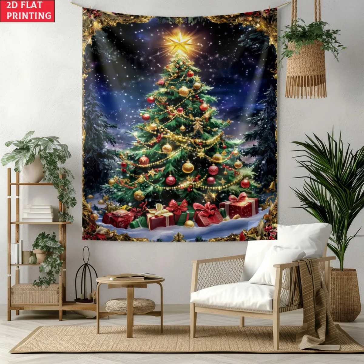 Christmas tree holiday wall tapestry festive decor winter scene Xmas gift background holiday art print 2D flat printingM251125