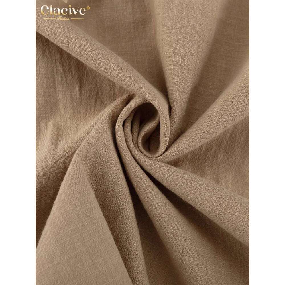 Clacive Casual Loose Khaki Cotton 2 Piece Sets Women Outfit Fashion Puff Sleeve Lace-Up Shirt With High Waist Long Skirts Set