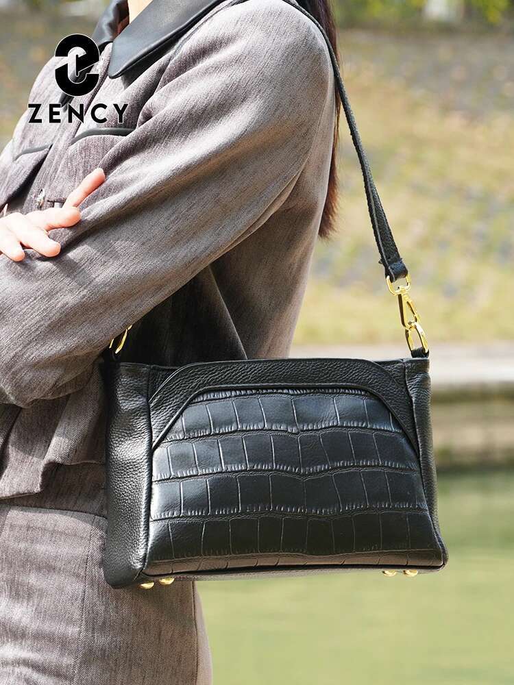 Zency Women's Cowhide Leather Shoulder Large Capacity Handbag With Stone Rose Flower Alligator Pattern Vintage Crossbody Bag