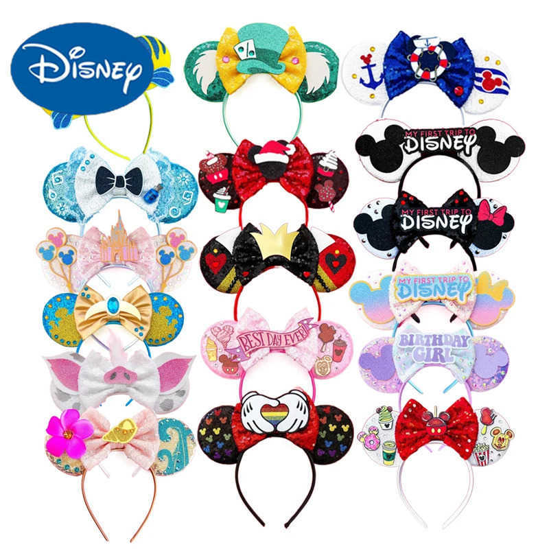 Disney 2024 New Mickey Mouse Earband Headband Shining Bow Girls Adult Children Halloween Party Role Playing Hair Accessories Princess Hair X250425