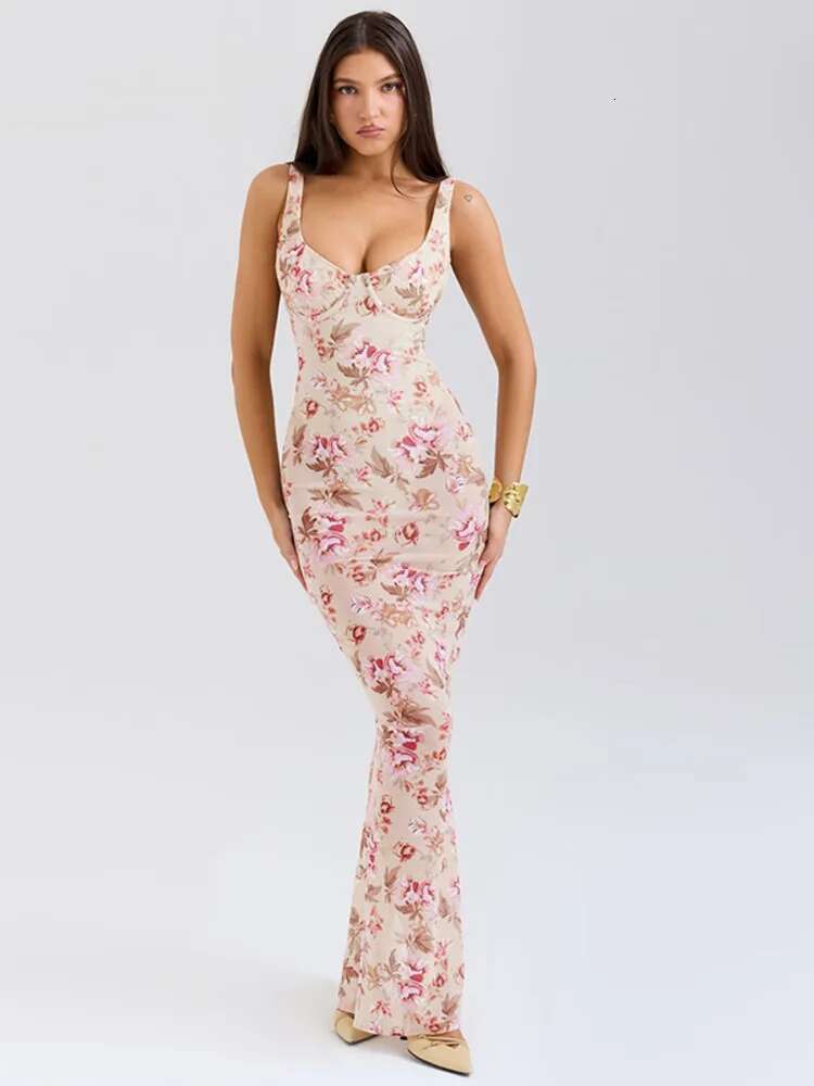 Dongdumaoyi Townlike Floral Print Slim Bodycon Dress Women Spaghetti Strap Summer Maxi Long Backless Nightclub Sexy Party Dresses