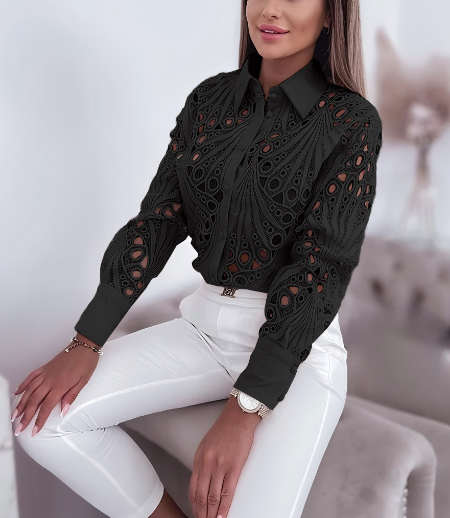 2024 Spring and Autumn Versatile Commuting Fashion Lace Hollow Long Sleeve Shirt for Women