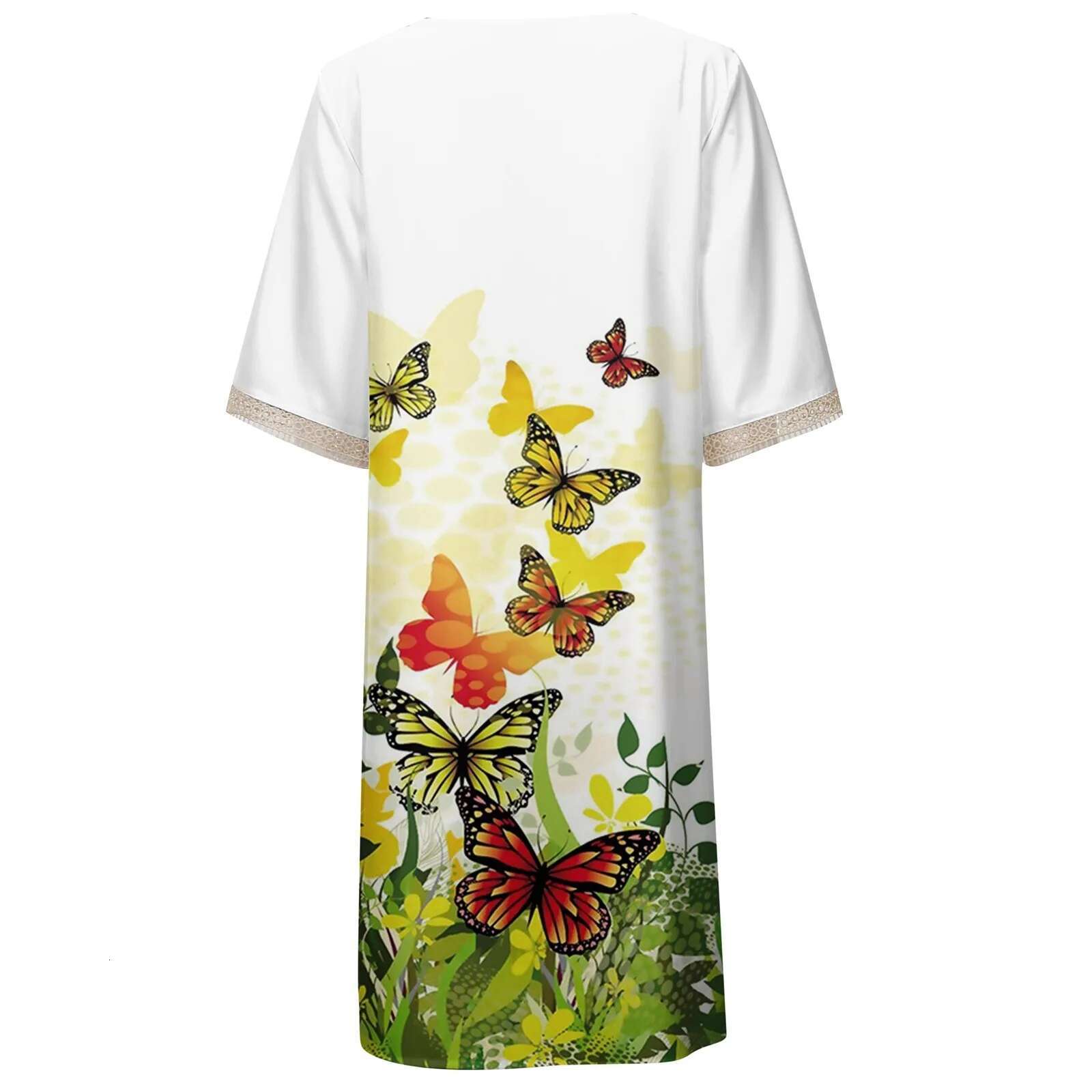 Dongdumaoyi Butterfly Print Women S Bohemian Dress New Spring Summer Lace V Neck Loose Swing Short Sleeved A Line Robe