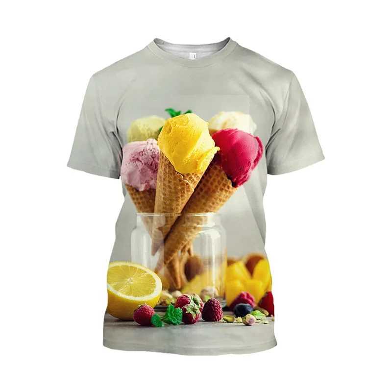 Ice cream 3D printed T-shirt mens strawberry chocolate graphic T-shirt unisex funny food casual short sleeved top cartoon T-shirt W250425