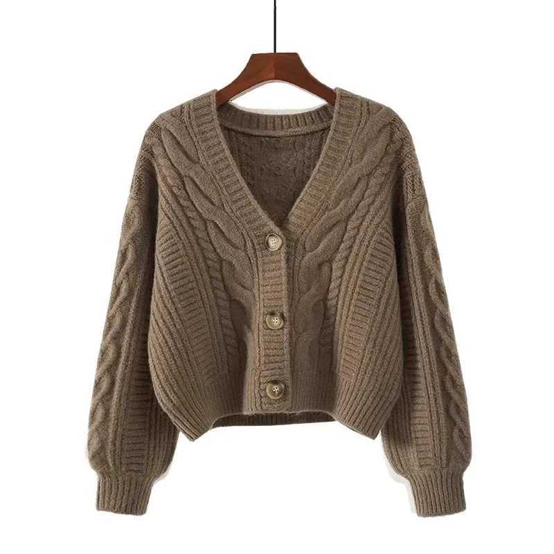 Simple Loose V-neck Retro Fried Dough Twists Casual Womens Knitting Cardigan Autumn and Winter Korean Solid Short Sweater CoatT251125