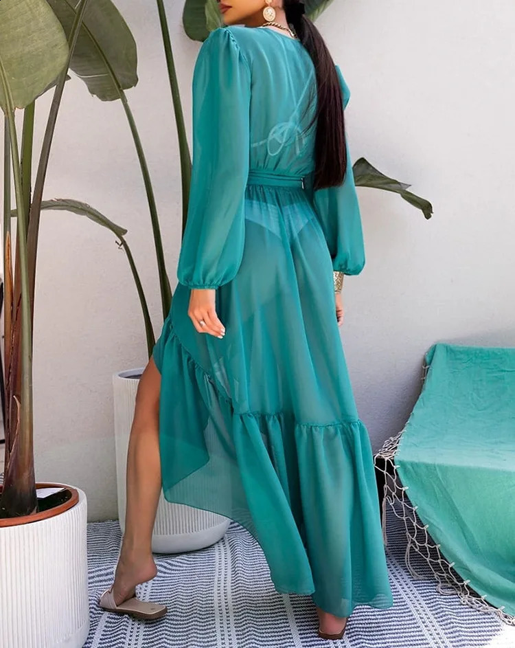 2024 lace bikini top womens long skirt solid sleeved beach dress 250422