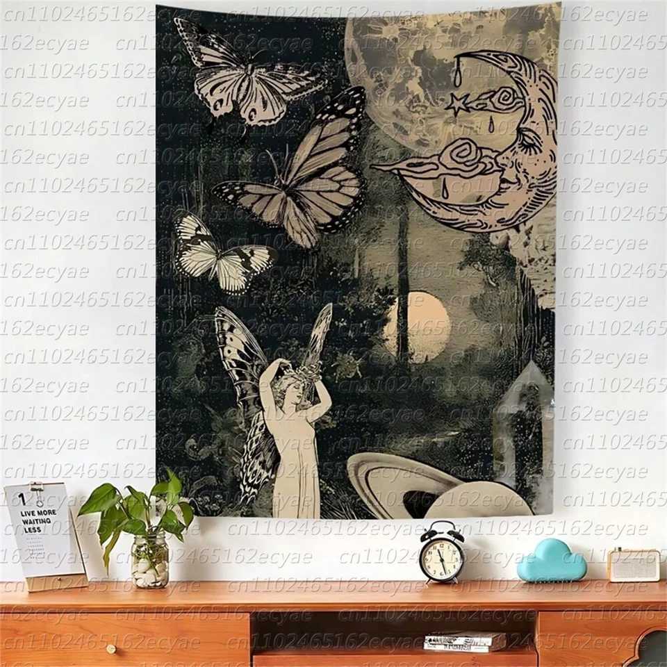 Gothic 1pcs Dark Holy Lady Butterfly and Moon Printed Polyester Tapestry for Daily Living Room Bedroom Wall DecorM251125