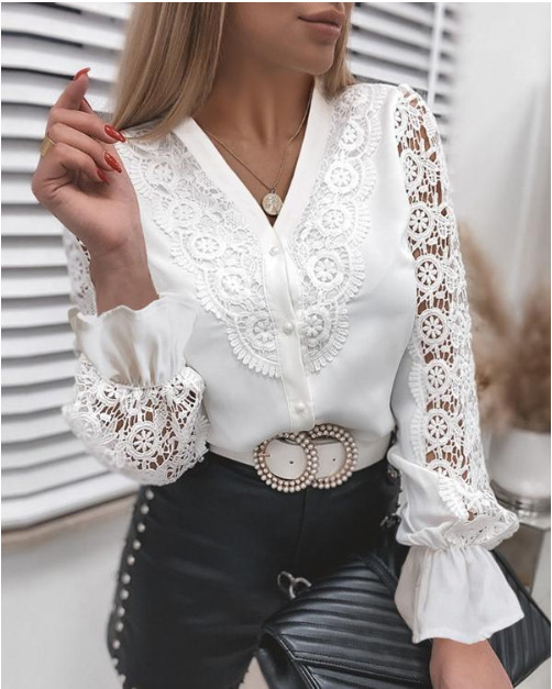2021 spring and summer fashion lace long sleeve V-neck button shirt womens wear