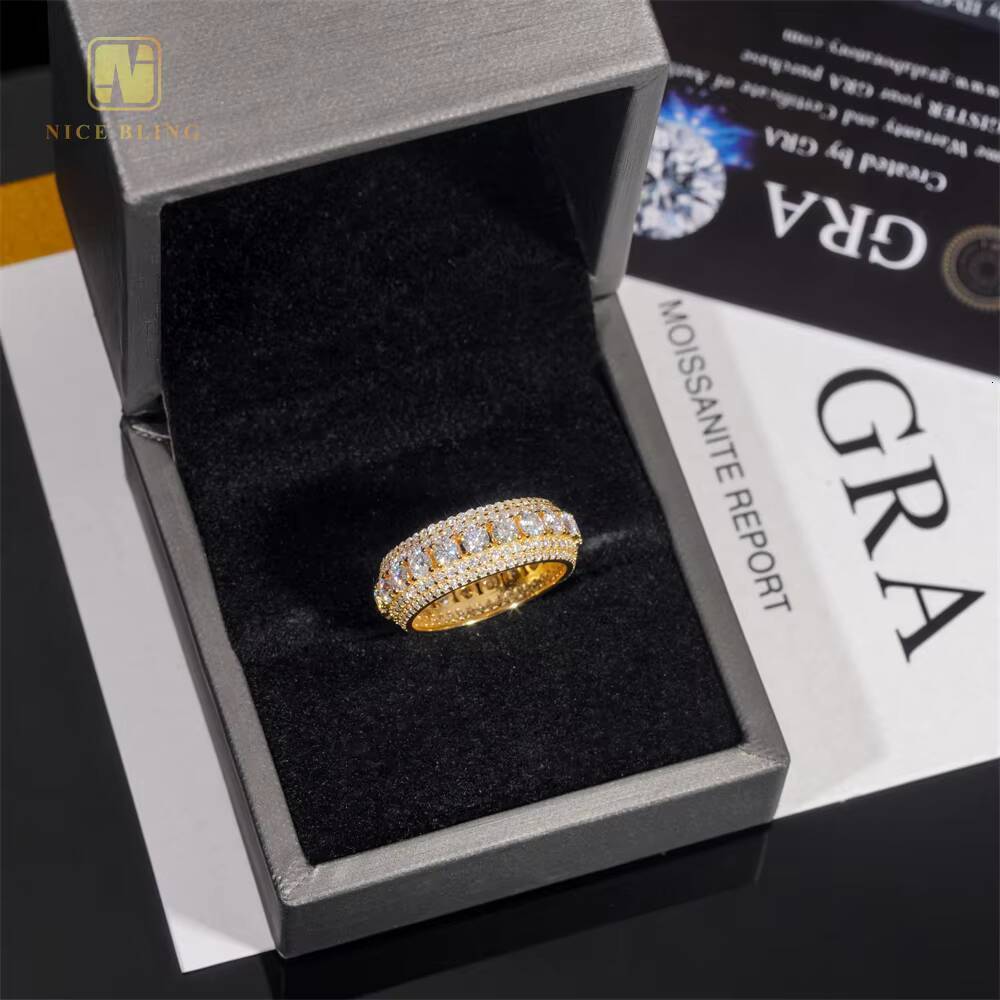 Luxury Rapper Jewelry Gold Plated Solid Inside 925 Sterling Silver Hip Hop Fully Iced Out Moissanite Band Ring