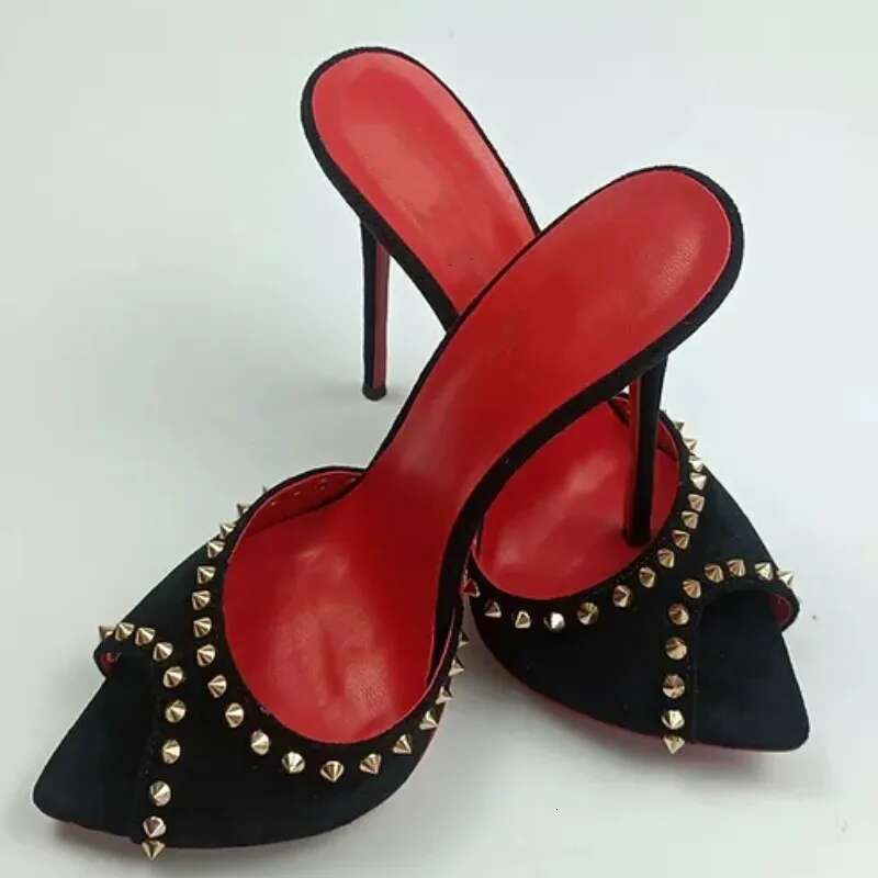 Summer new rivet laser patent leather suede satin sexy fashion slippers thin high-heeled banquet dress large size women's sandal