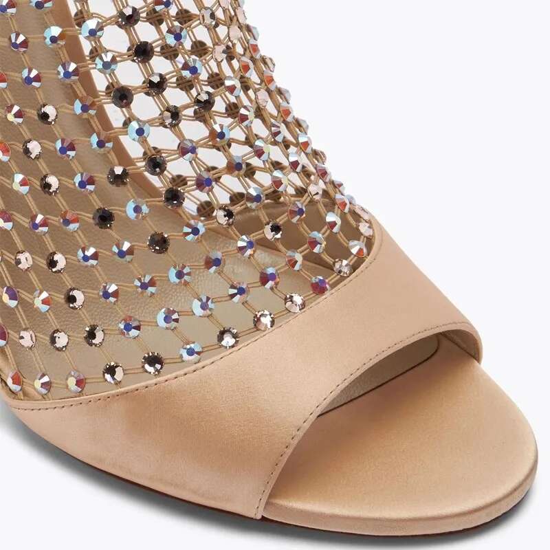 Spring and summer new rhinestone mesh hollow pointed fish mouth open toe sexy sandals sthigh-heeled banquet dress women's sandal