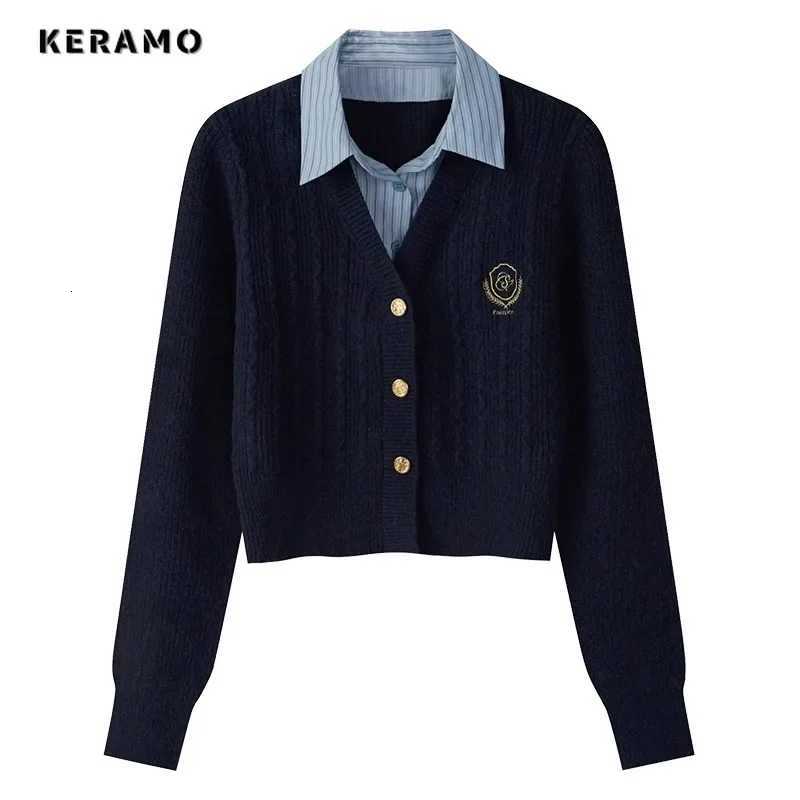 2024 Spring Autumn Preppy Style Badge Embroidery Knitted Cardigan Women Single Breasted Fake Two Pieces Long Sleeve Sweater CoatT251125