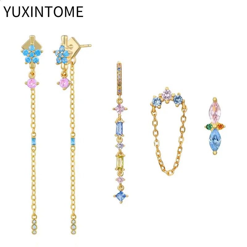 925 Sterling Silver Needle Blue Pink Crystal Stud Earrings For Women Fashion geometry Pendant Earrings Jewelry Gifts 250424