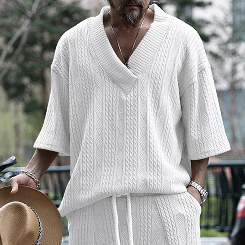 Mens casual knitted Tshirt for summer loose fit plus size semi long sleeved svCollar sport solid color jacquard 250417