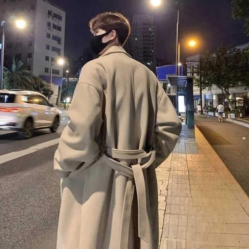 Mens Long Overcoat Thickened Wool Blend Trench Coat Korean UK Style Mid Length To Knee Fashion Ins Trendy Winter JacketT251125