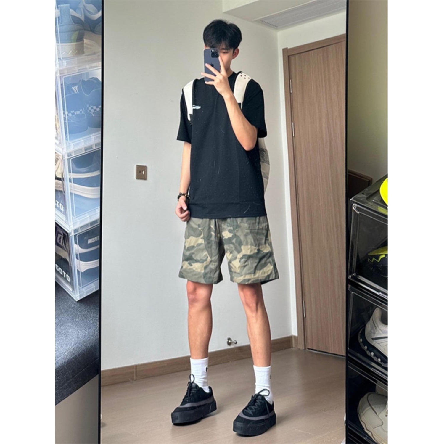 American high street camouflage workwear shorts with brand design, casual versatile, loose and trendy men's five quarter pants