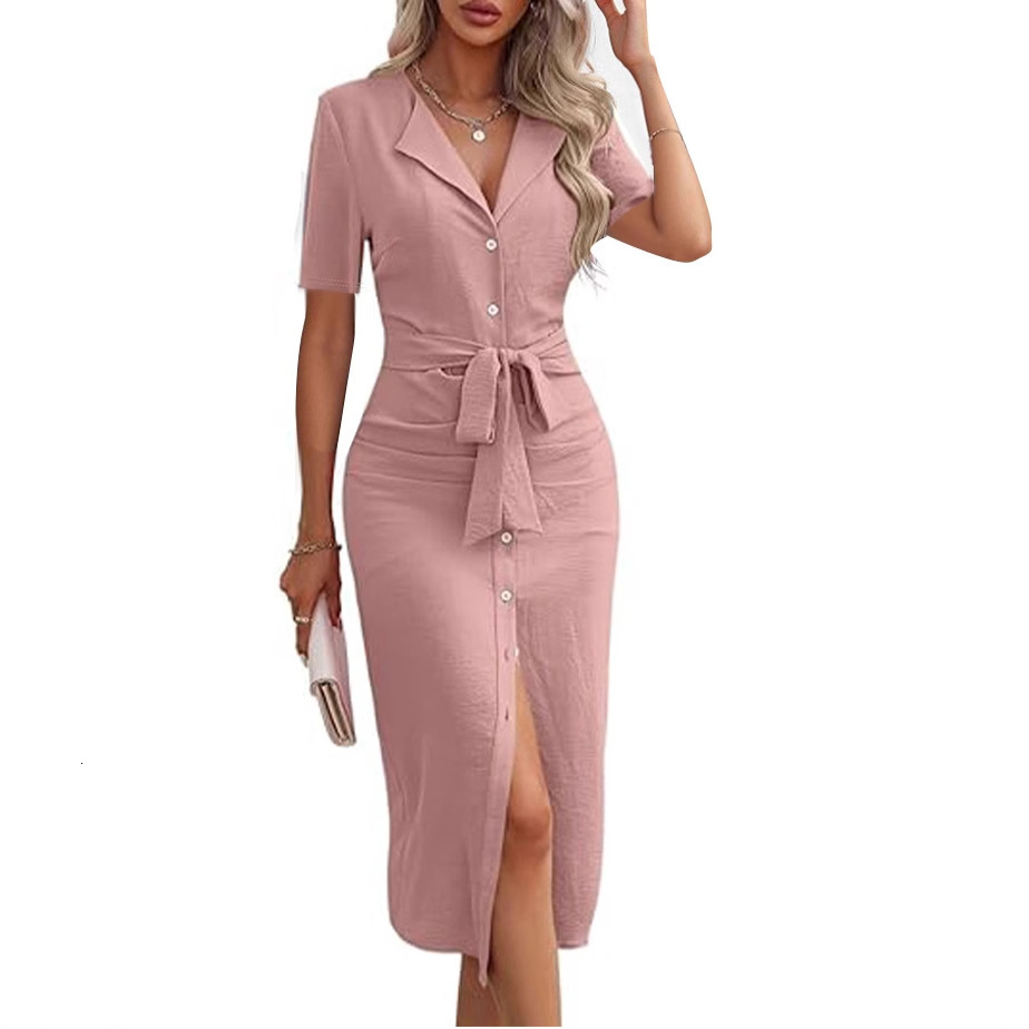2025 summer solid color V-neck waist cinched lace up temperament slit dress for women