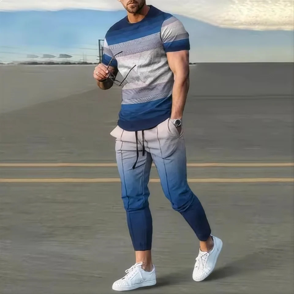 Summer mens sportswear set short sleeved T-shirt long pants two-piece set mens sportswear 3D printing casual trend exceeds the standard 250422
